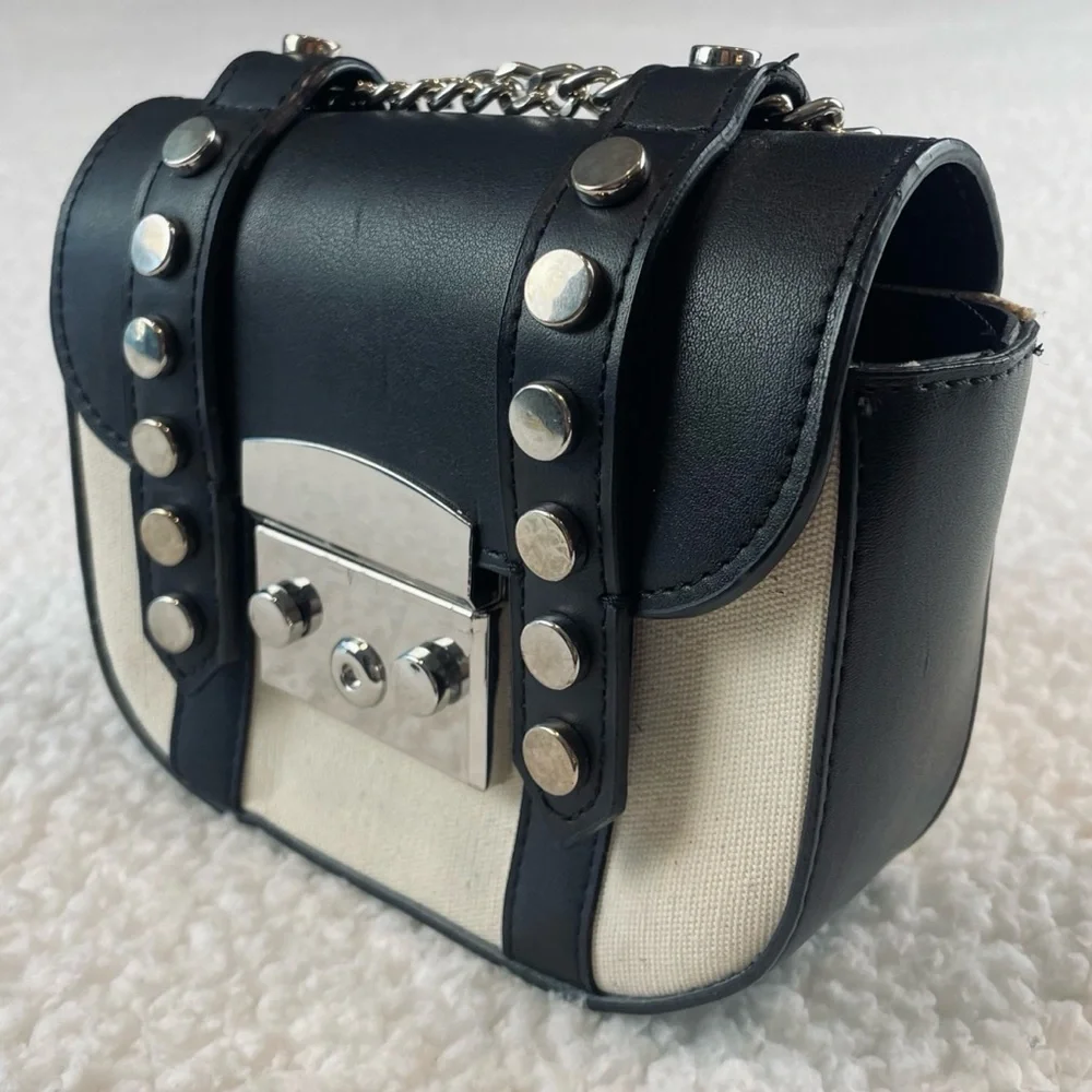ZARA • Black/Cream Faux Leather and Canvas Studded Mini Chainlink Crossbody Bag - Picture 3 of 16